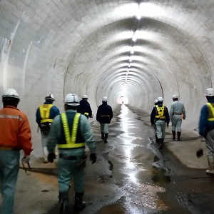 トンネル内を歩く技術者たち